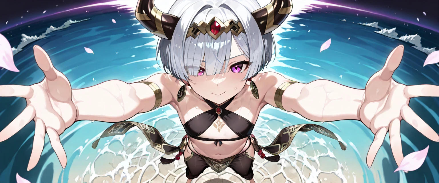 Waterfalls High level image quality best image quality 8K adult woman background a lake in the middle of jungle outside more colors whole body view portrait wearing deep pink bikini pink horn ears short hair((shortcut)(gray hair)(perm)(fluffy)) eye color is blue , , attractive evil face , smile , sexy pose , labrynth , barearm , both arms up the head , wearing pink , standing ,