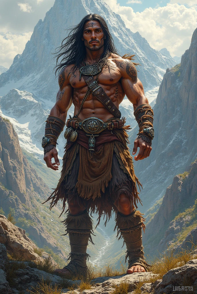 Strong, dark-skinned indigenous man with long, black hair 