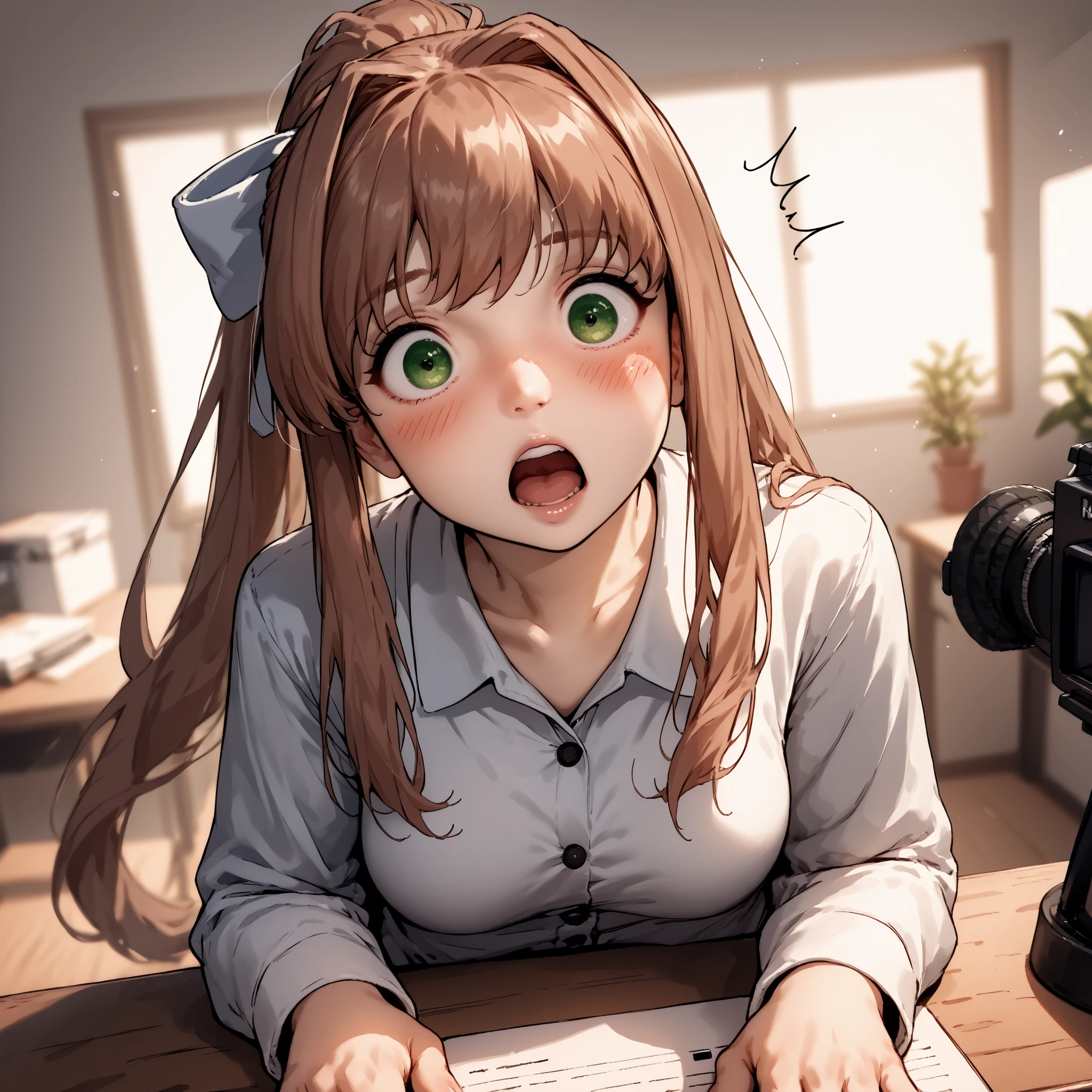 High quality, 1 girl, Monika from Doki Doki Literature Club, wearing cute soft pajamas, sitting on top of a wooden desk (cuprite), looking directly at the viewer POV, surprised and shocked expression, wide green eyes and open mouth, flushed cheeks, hands resting lightly on the desk or slightly raised in reflex, long chestnut hair with her signature white ribbon, hair slightly messy, intimate bedroom lighting, background blurred, camera angle at eye-level as if someone just walked in, suggestive tension mixed with light comedic tone, warm and soft color palette, cozy atmosphere.