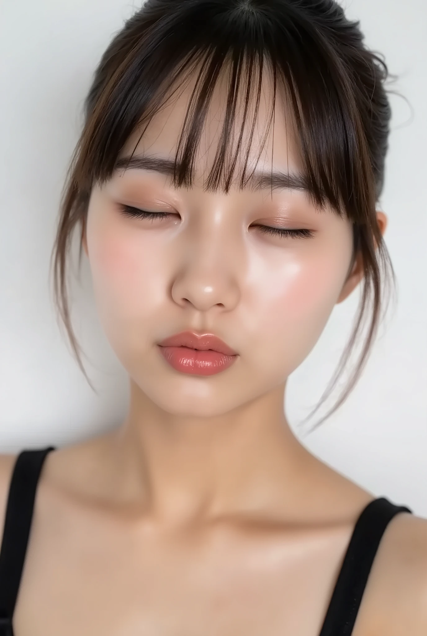 ultra-detailed hyper-realistic close-up of a stunningly cute girl, collarbone-up composition, white studio background, soft natural lighting, face and body facing forward, chin slightly raised, head softly tilted, black camisole strap, natural skin texture with visible peach fuzz, matte finish skin, hands behind her back, not visible
eyes gently closed, cheeks and ears flushed, delicate affectionate expression, dere-dere mood
lips tightly puckered and protruding, forming a vertical rounded O-shape with no upward smile lines, no raised corners, no visible lip crease, soft circular outline of the mouth, extremely glossy and wet lips reflecting studio light, strong shimmering highlights, mouth in sharp focus with soft facial blur around it, longing and inviting kiss expression