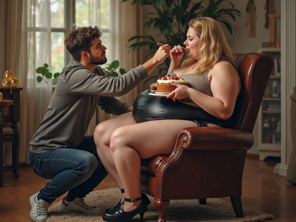 Certainly! Here’s the combined narrative:
---
A powerful and confident female athlete, with a body sculpted like a Greek goddess and chiseled abs, stands towering over her boyfriend, who is now in a weakened state, tied to a chair, and covered in sauce. She throws her head back and laughs maniacally as she watches him struggle, his body limp and smeared with the remnants of the food she forced him to consume. His once-athletic frame has ballooned to an enormous 200 kg, his body almost unrecognizable, covered in layers of soft, flabby fat. His massive belly spills over his lap, hanging heavily toward his knees, and his chest has grown round and saggy. Despite this grotesque transformation, his face remains strikingly handsome, a sharp contrast to his bloated body. His eyes flutter weakly, barely conscious, as he slumps in the chair. The room is littered with fast food wrappers and containers, symbols of his torment. The athlete, still gripping a dripping cheeseburger, taunts him further, her laughter echoing in the room, emphasizing the stark contrast between her dominant, muscular physique and his flabby, helpless form. The lighting dramatically highlights the differences in their conditions, underscoring the intensity of the power dynamics in this twisted relationship.