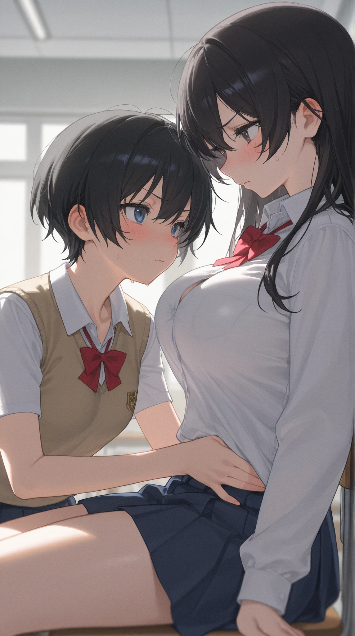 A male student holds a girl with short black bob hair and modest pubic hair in a chokehold from behind as she cries in protest, while another male student tears her blouse open and touches her body through her exposed bra and panties.、Standing posture