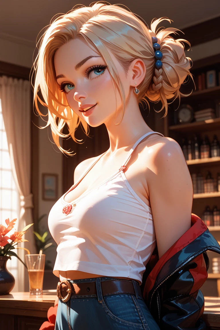 Beautiful girl, slim fit body , crop top, mini skirt , blonde hair with ribbon , necklace