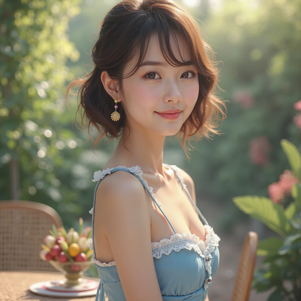 ((of the highest quality, 8K, masutepiece: 1.3, Raw photo)), Sharp Focus: 1.2, (1 AESPA Girl :1.1), (Solo), (Realistic, Photorealistic: 1.37), (Face Focus: 1.1), Cute face, hyperdetailed face, (Small breasts, flat chest: 1.2), Short messy hair, Small Smile, bedroom, (sheer fabric:1.2), (loose:1.3), Floral pattern lace strapless dress, skirt, (puffy eyes), from below, flower, navy