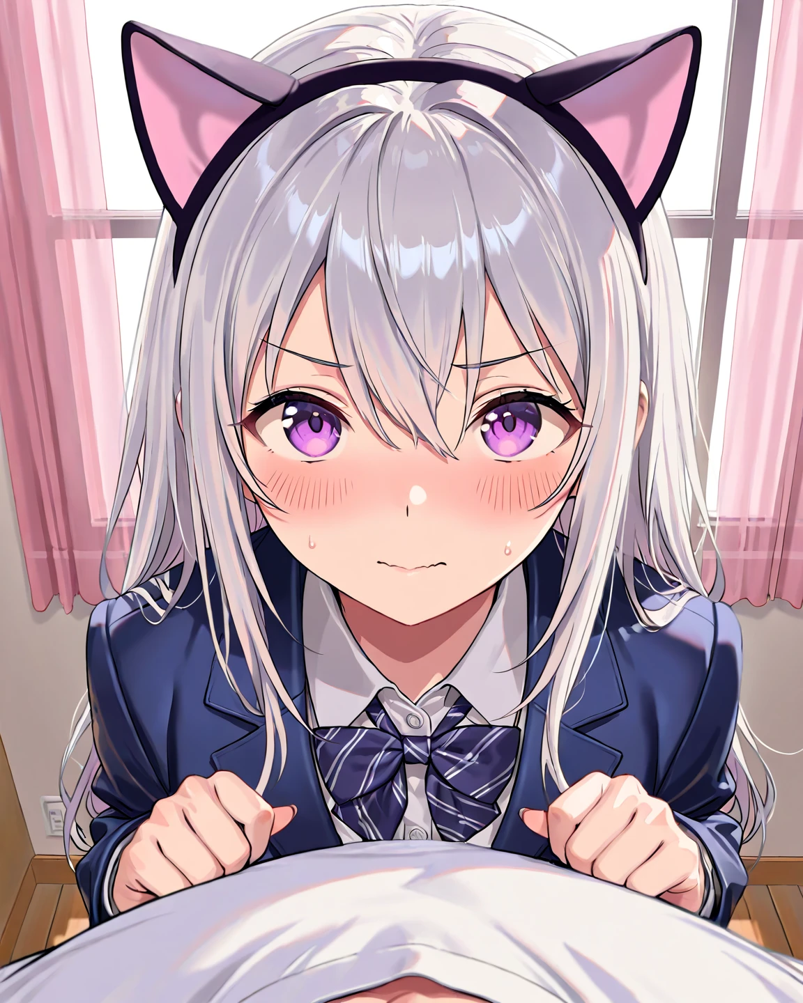 ((masterpiece, best quality)), high resolution,ultra detailed,8k,16k,detailed background, perfect lighting,detailed beautiful eyes,1girl,nsfw,embarrassed,blush,look at viewer,steam,sweat,aroused,seductive eye,(from above,from front:1.2), (pov:1.4),(close up face),cum in mouth,portrait,fisheye lens,1boy,1penis,(oralsex),(deep fellatio:1.4),(deepthroat:1.3),:>=,(penis in mouth),hetero,fair skin,midium breast,keqing,light purple hair,purple eyes,twintail,(short body,short stature:1.3),(over size head),school sailor,Student Council Room