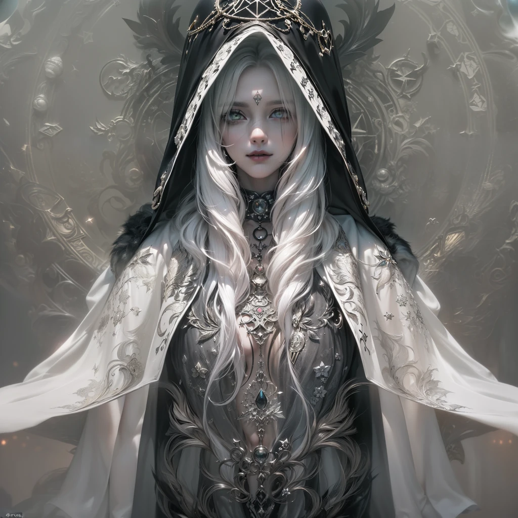 high details, best quality, 8k, [ultra detailed], masterpiece, best quality, (extremely detailed), dynamic angle, ultra wide shot, photorealistic, fantasy art, dnd art, dark fantasy art, realistic art, gothic art, an ultra wide, full body (intense details, Masterpiece, best quality: 1.5), picture of a female human (1.5 intricate details, Masterpiece, best quality) priestess of death ((pale white magical aura)), controlling a swirling magic (1.5 intense details, Masterpiece, best quality), manipulating [[magical sigils]] (1.5 intricate details, Masterpiece, best quality), human female, black  hair, pale skin,  long black hair with pale white aura, black hair with pale touch, white eyes, pale eyes, intense eyes,  ((glowing eyes)), black dress, impressive dress, awe inspiring dress (intense details, Masterpiece, best quality: 1.5), red cloak, flowing cloak.  (intense details, Masterpiece, best quality: 1.5), high heeled boots, (intense details, Masterpiece, best quality: 1.5), fantasy dark temple background, ((death worship atmosphere)), high details, depth of field (intense details, Masterpiece, best quality: 1.5),best quality, highres, ultra wide angle