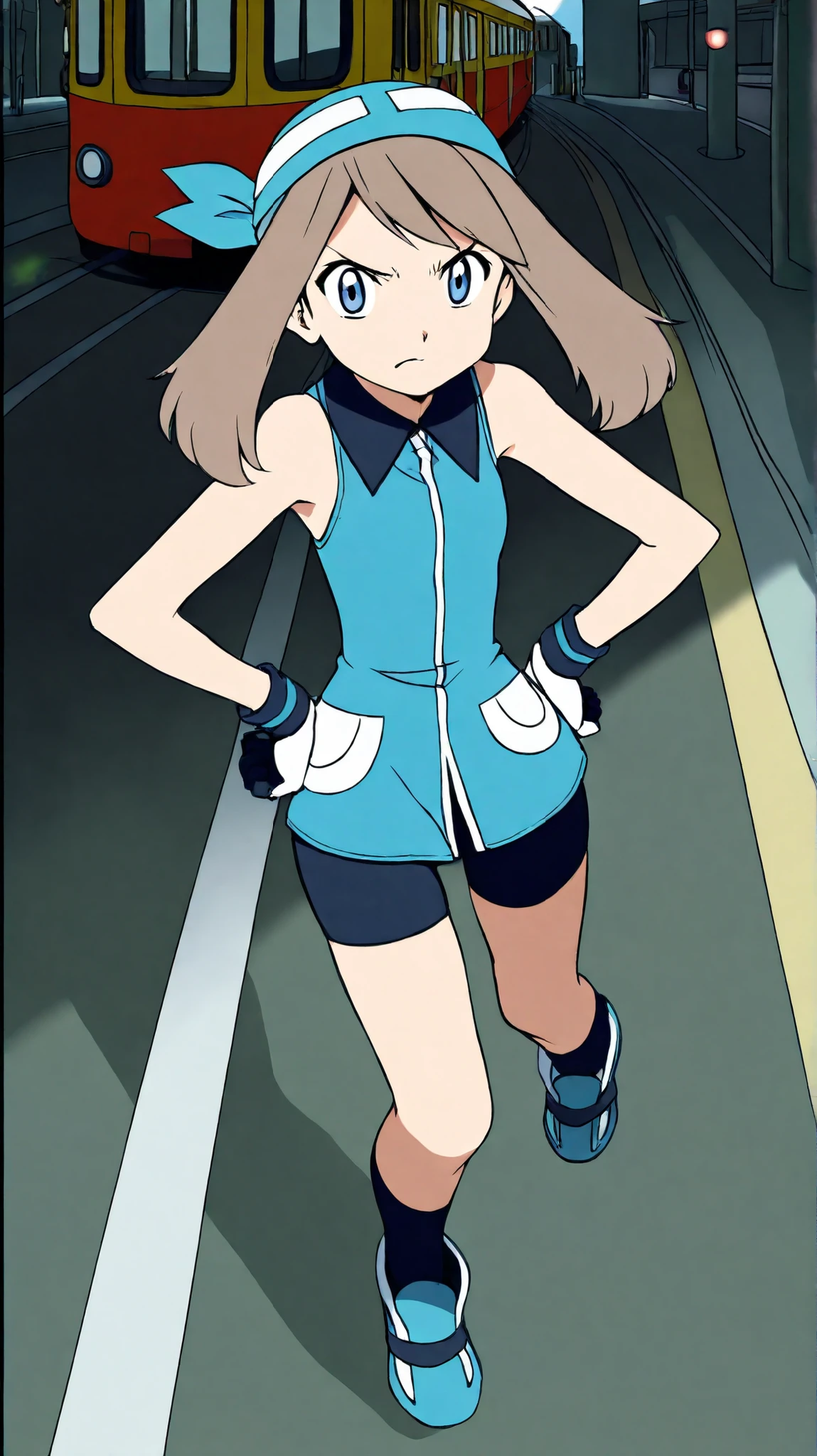 ((anime screenshot, anime coloring, )) SapphireBirchILXL, ((top quality)), ((masterpiece)), ((details)), solo, 1girl, two legs, two arms, tall, anime coloring book, 1 woman, 8, Full Body, slim figure, Brown hair color , twin tail, blue eyes, big , Angry Face, pose putting hands on hips, adult older sister crouching, blue bandana, blue sleeveless tunic, Miwaki, black bike shorts, gloves, black knee-high socks, Absolute region, thighs, Blue shoes, looking at viewer, inside a streetcar, City, Sidewalk, May, (\Pokémon\), score_9, score_8_excellent, score_7_excellent, score_6_excellent, Source_anime, Cell Shading, Flat Color, vector,