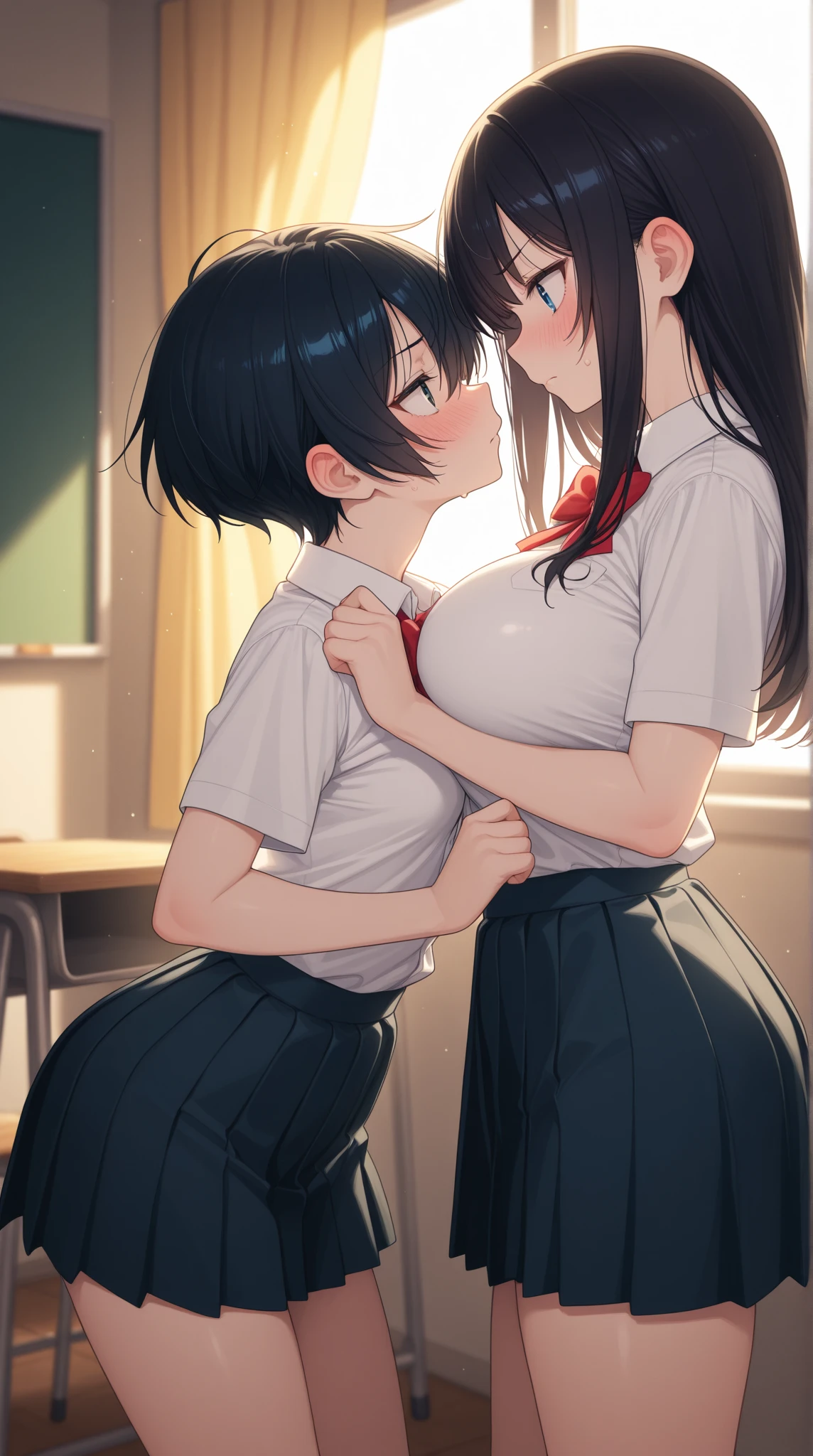 2girls, (hug, kiss:1.2), glasses, smile, (slim body:1.2), (huge breasts:1.1), (slender legs:1.1), short hair, black hair, school uniform,