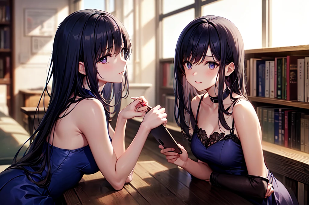 (masterpiece, best quality), best resolution, (2heads:1.5), 1girl, black hair, blue eyes, black branded t-shirt, sitting at a desk, thinking, one hand on chin, portrait, library