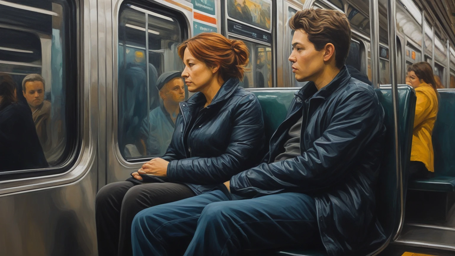 there are two people sitting on a train together, in a subway, movie still of a tired, by Daniel Ljunggren, in style of nan goldin, underground scene, edward hopper style, by Arik Brauer, frank moth, subways, inspired by Nan Goldin, by Andrew Domachowski, in style of edward hopper