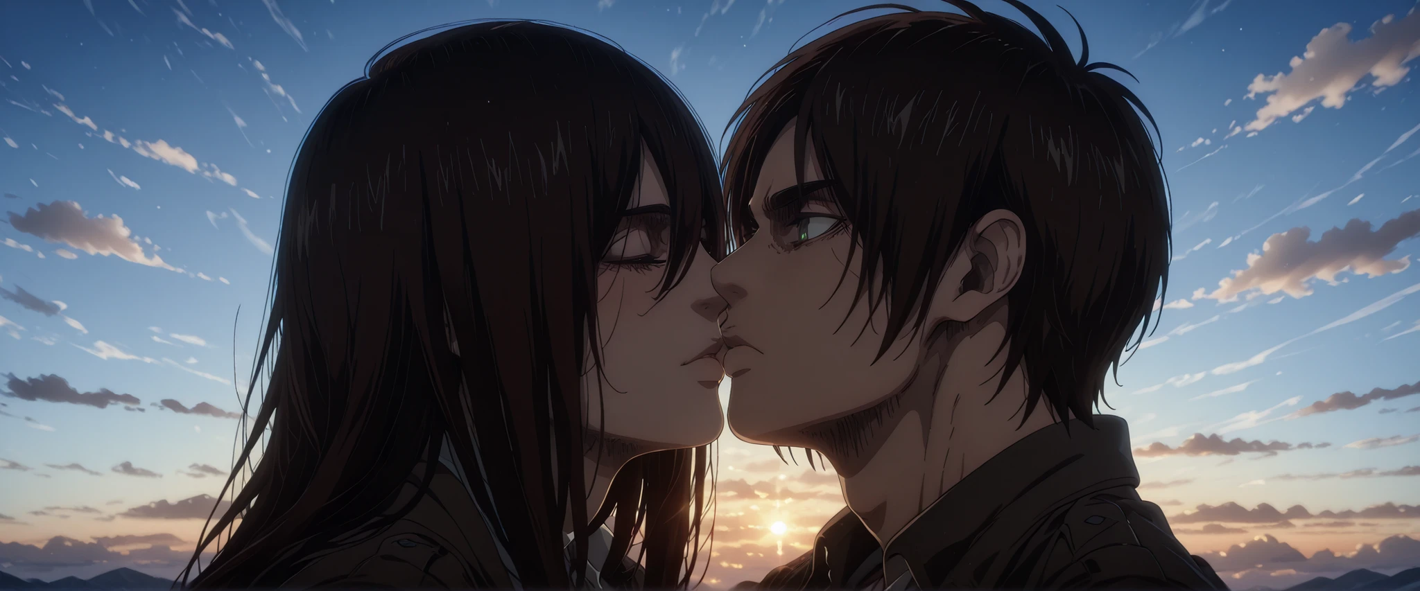 Mikasa Ackerman x Eren Yeager Kiss, Long hair, sky background.