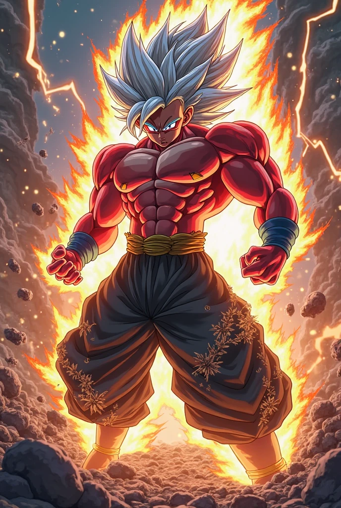 Dragon Ball oc with long white hair,yellow eyes,dark blue pants,black boots without a shirt,red monkey tail,red fur on their arms(that doesn't cover their hands) back and part of their abdomen(transformed into super saiyan 4)