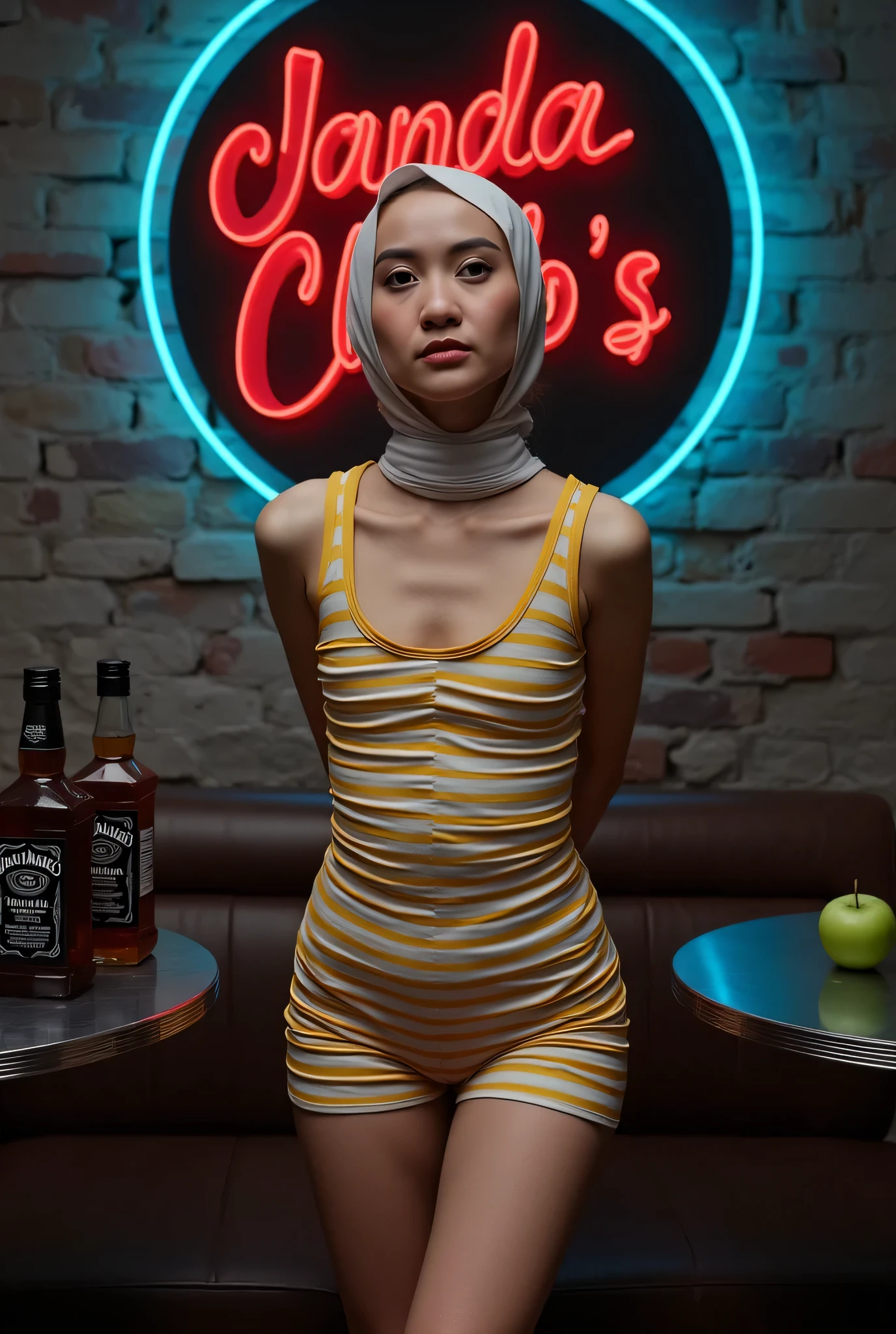 (ager flat ), Front posing, Wearing Scarf neck tie, Front posing, SKINNY SUPER OLD LADY, (Thighs and calves huge muscles), (((MOODY FACE EXPRESSION))), "Wearing Hijab perfectly", wearing Scoop Neck Sleeveless yellow & white Bodysuits singlet swimsuit 'Striped print', (KEDUA BELAH TANGAN DILETAK LETAKKAN DIBELAKANG PUNGGUNG) PLEASE DON'T PUT ANYTHING ROPE!!!, THIGHS OPEN WIDE,
THIN SKINNY HIJAB INDO MALAY (Singlet ), 1 girl, 'MOODY FACE EXPRESSION', Half body portrait, (face details: 1), (Eye details: 1), (()). ultra high res. realistic: 1.4, UHD, (((dark background))), Background worn old brick wall, round Signboard 'Janda Club's' neon light at wall, Sitting on a round table stainless steel A two Bottle of Whiskey 'Jack Daniels and two green apple' Above it.