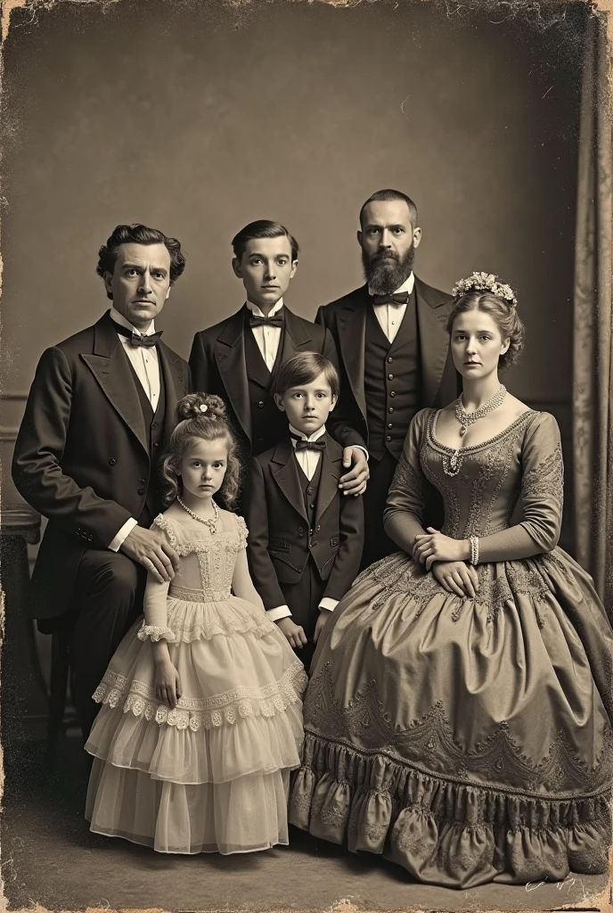 A faded photograph from the 19th
century shows a Victorian family
posing outside their ancestral
home. Upon closer inspection, a
faint, translucent figure can be
seen standing among them, its
ethereal form barely visible
against the backdrop of the old
mansion.