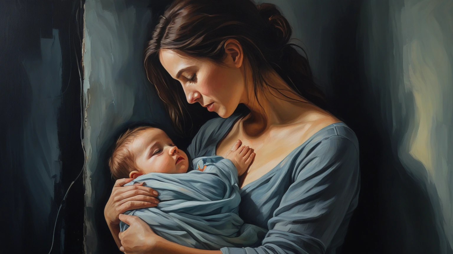 painting of a woman holding a baby in her arms, painting of beautiful, digital art oil painting, beautiful portrait oil painting, beautiful painting, detailed painting 4 k, painted in oil colours, emotional oil painting, 4 k oil painting, digtial painting, detailed 4 k oil painting, oil painting 4 k, oil painting 4k, art painting