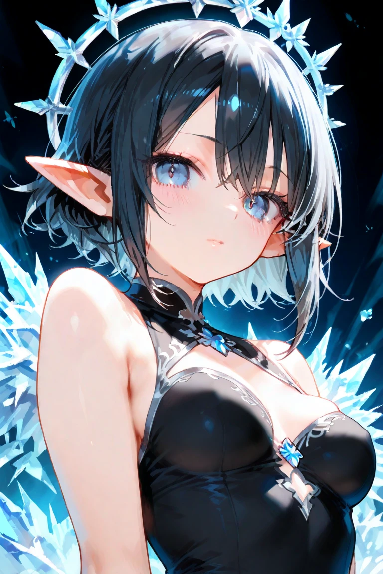 (8K、Best image quality、top quality、masterpiece)、1 woman、dark silver hair、short hair devil horns、blue eyes、pointy ears、pierced chest、leotard、Mini pleated skirt、cowboy shot、night、Night Scene Background、taken from above