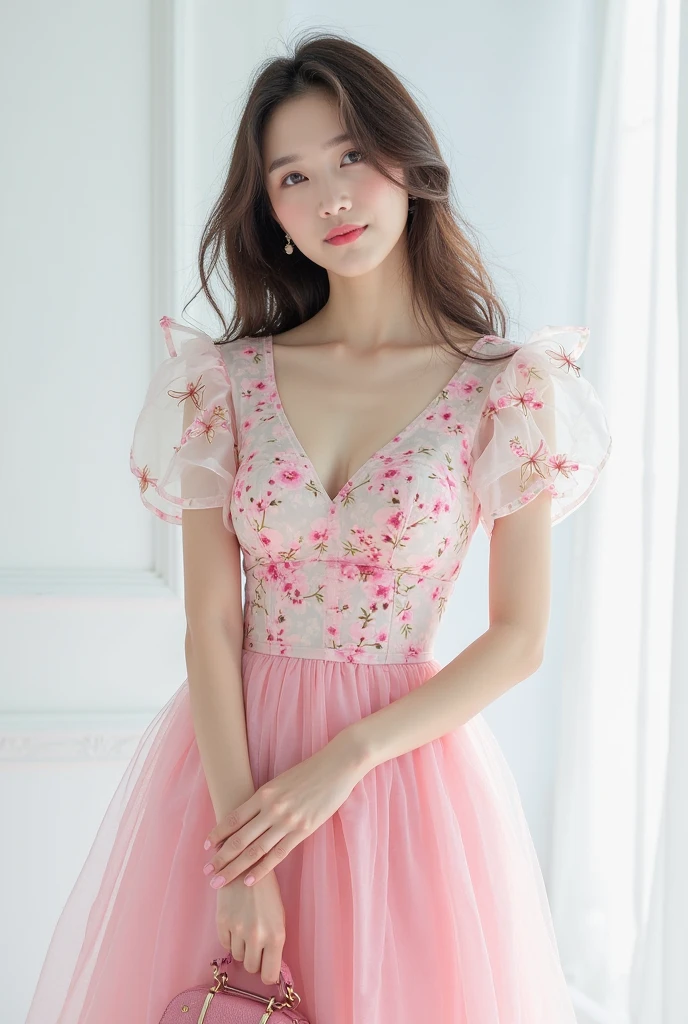 a young asian girl, full body, wearing a transparent pink golden lolita dresses, big ribbon ornament on hair, floral earrings, a penis penetration on vagina,