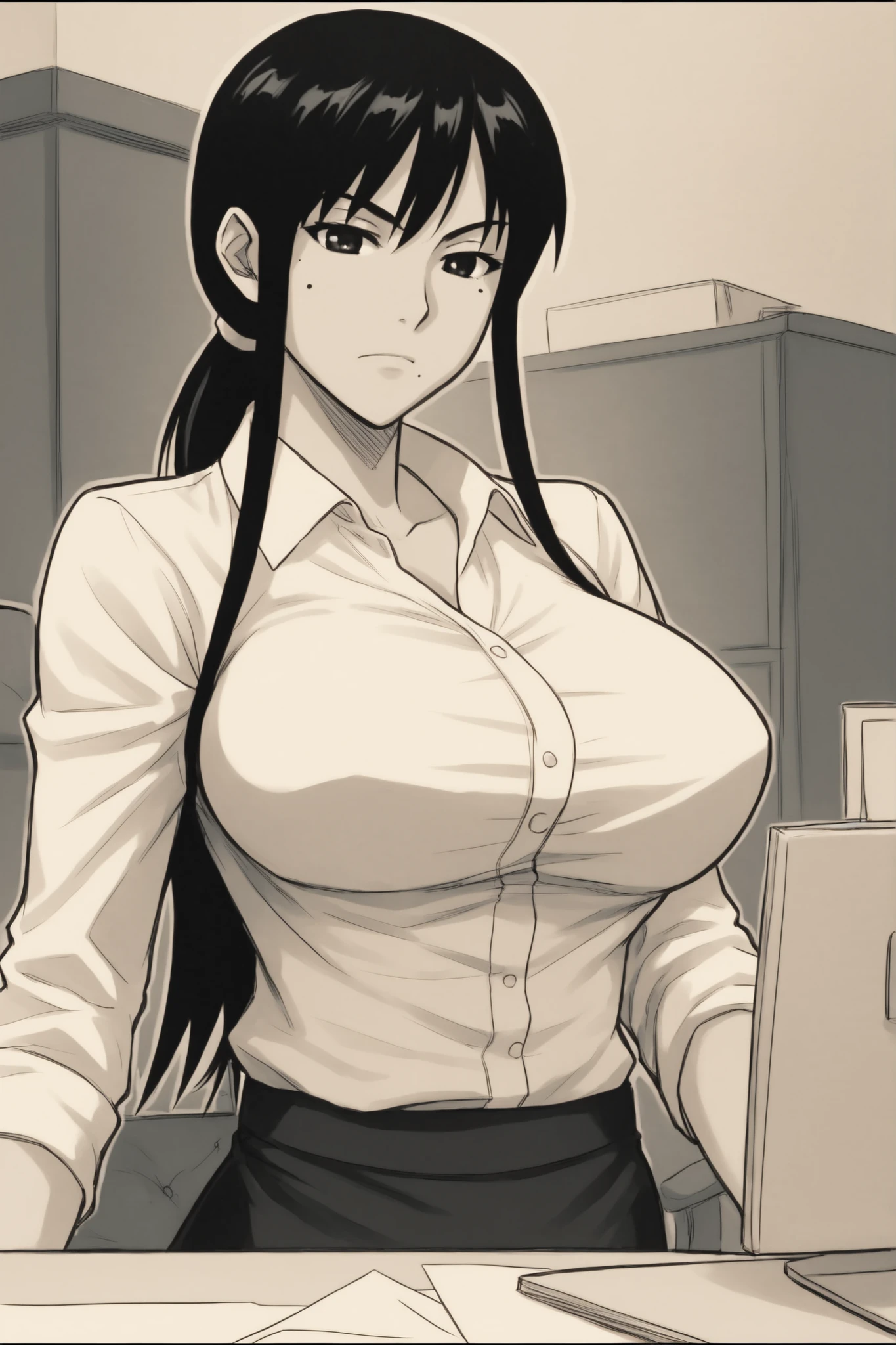 masterpiece, best quality, kumashiro maya, 1girl, solo, breasts, cleavage, long hair, white headband, parted bangs, blue eyes, looking at viewer, sweat, large breasts, business suit, collared shirt, pleated skirt, flashy gyaru, happy, showy,too many accessories, colorful , kogal, kogal gyaru, necklace, earrings, bra peek