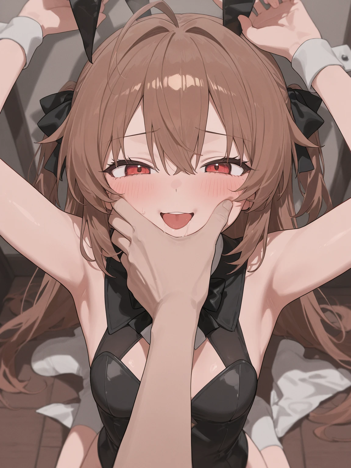 ((masterpiece,best quality)),high resolution,ultra detailed, detailed background,8k,16k,perfect lighting,detailed beautiful eyes,1girl,solo,nsfw,embarrassed,blush,look at viewer,steam,sweat,(lying,on back,show off armpits,arms up,cowboy shot:1.4),sleepy eye,half-closed eyes,happy smile,open mouth,show off breast,pussy,nipple,kirara,brown hair,long hair,red eyes,flower shaped pupils,flat chest,kawaii,classroom,cat ear,anime style,