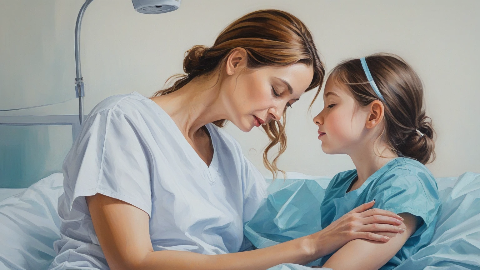 (best quality,4k,8k,highres,masterpiece:1.2),ultra-detailed,(realistic,photorealistic,photo-realistic:1.37),A blonde girl,20 years old,with blue eyes,dressed as a doctor,standing next to a sick in a hospital bed,medical equipment,sterile environment,white lab coat,stethoscope,heartwarming smile,tender care,nurturing touch,soft lighting,kind eyes,concerned expression,warmth and compassion,calm and professional demeanor,gentle bedside manner,medical charts,bright and clean hospital room,curtains,pale blue walls,comfortable bedding,peaceful atmosphere,IV drip,faint scent of antiseptic,accurate diagnosis,precise treatment,path to recovery,healing and hope,soothing presence,positive energy,medical expertise,lifeline for the child and their family,trustworthy guardian,professionalism and dedication,creating a sense of security and comfort,unexpected bond,lasting impact on both lives,meaningful connection.