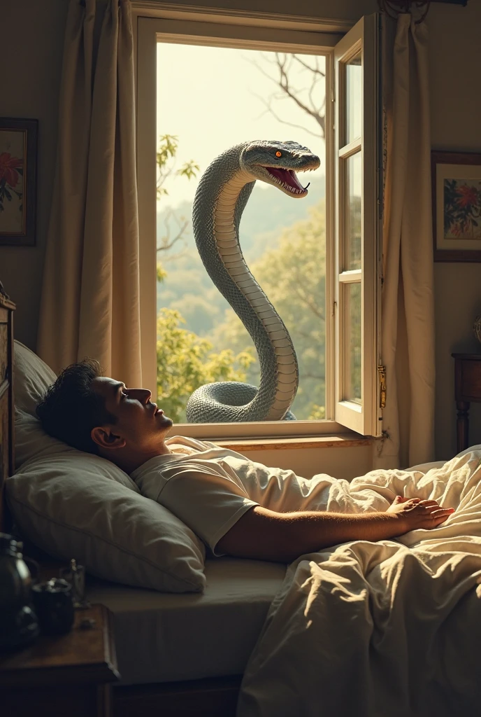 A guy in bed with his wife watching a snake charmer playing a flute to make the guys penis wakeup