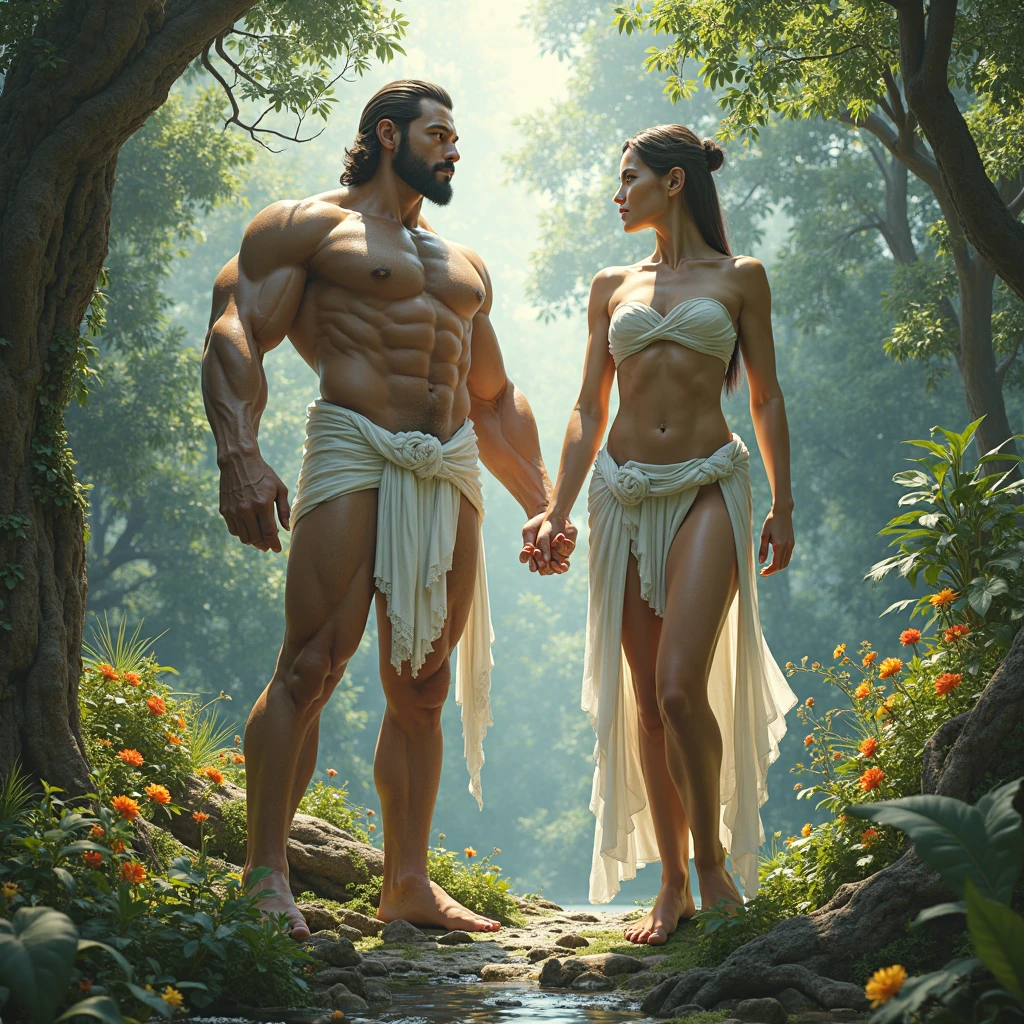 A couple standing in the forest, Man- Henry Cavill as Conan the Barbarian, handsome, tall, long hair, long straight nose, robust, sinewy muscles, shirtless, wearing a leather sarong ((sword in hand:1.2)), woman- Barbara Mori, young, beautiful, large breasts, ((completely naked:1.3)), flowers in her hair smiling, sitting in the ground full body, closeup