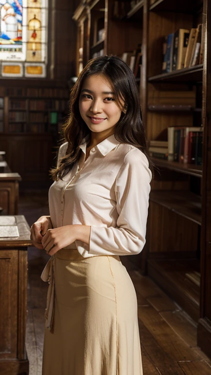 (Highest quality、Tabletop、8k、Award-winning works、Ultra-high resolution、Best image quality)、(One mature 40 year old Japanese woman:1.1)、(White polyester sleeveless、Open blouse with buttons:1.3)、(Elegant black tight skirt:1.1)、(Huge breasts:1.4)、(Cleavage:1.3)、(Elegant round glasses:1.2)、library、(Standing Elegantly:1.1)、(Strongly blurred background:1.1)、Stand next to a bookshelf、(Perfectly organized bookshelf:1.1)、Bookshelf in the background、居心地の良いlibrary、lipstick、Long eyelashes、Heavy makeup、Perfect Makeup、Colored contact lenses、Accentuate your body lines、Big ample breasts、Soft and warm lighting、Detailed bookshelf、(Ultra-high resolutionの正確な美しい髪:1.1)、(Accurate anatomy:1.2)、Ultra-high definition beautiful eyes、(Super bright and radiant skin:1.1)
