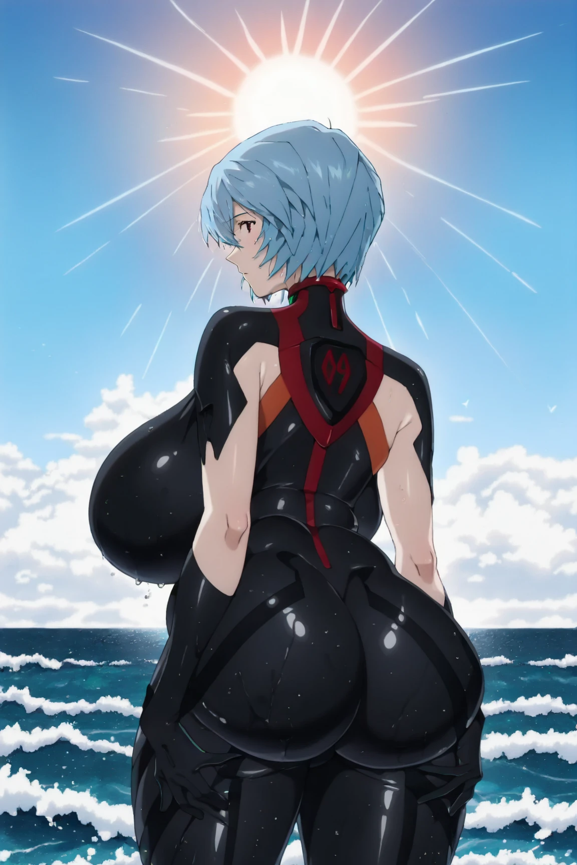 best quality,ultra detailed,solo,score_9, score_8_up, score_7_up, score_6_up, score_5_up, score_4_up, source_anime, 1girl, clara, blue hair, hair tubes, grey eyes, black bodysuit,big breasts, sexy pose, (behind view,portrait),full body, sitting on lava,heavenly ass, heavenly breasts, big ass, no shoes, wearing black heels, upset, cute, face, long legs, tight bodysuit, tight sleeves, bodysuit, half-closed eyes, backside