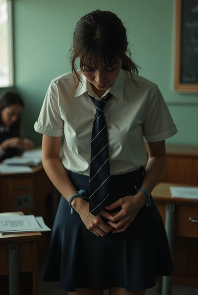 A Beautiful women, , big breast, long black thick ponytail, wet hair, wet hair from milk. Wet clothes, one student pull a woman's ponytail, woman sitdown on the floor, surrounded by student in , classroom, crowded, scool, bullied.