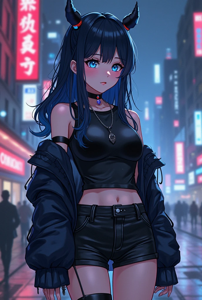 detailed background, masterpiece, best quality, smile, ornament, hoodie, portrait, beach, graffiti, darkness, night, glowing eyes, huge moon, upper bikini, lower leather pants, black and blue gradient hair, short hair, charming eyes, hands behind your back
