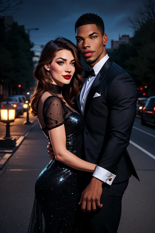 A couple formed by a young black man with fine features, straight hair cut low, thin moustache, super tall stature, thin but with a muscular body, wearing formal clothes and an extremely white woman, greeneyes, short stature, wide body with thin waist, super wide hips and huge glutes. Wearing a long dark green dress with long sleeves covering her arms. Wavy hair in light brown with a hint of red. They are both in New York.