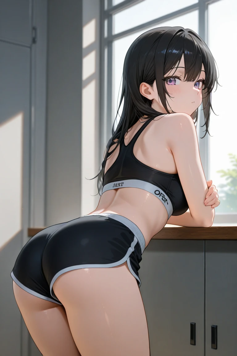 A high school girl with black hair and blue eyes, wearing a sports bra-like competition uniform, her face flushed with fear as she is bound with both hands to a pillar above her head in a warehouse.