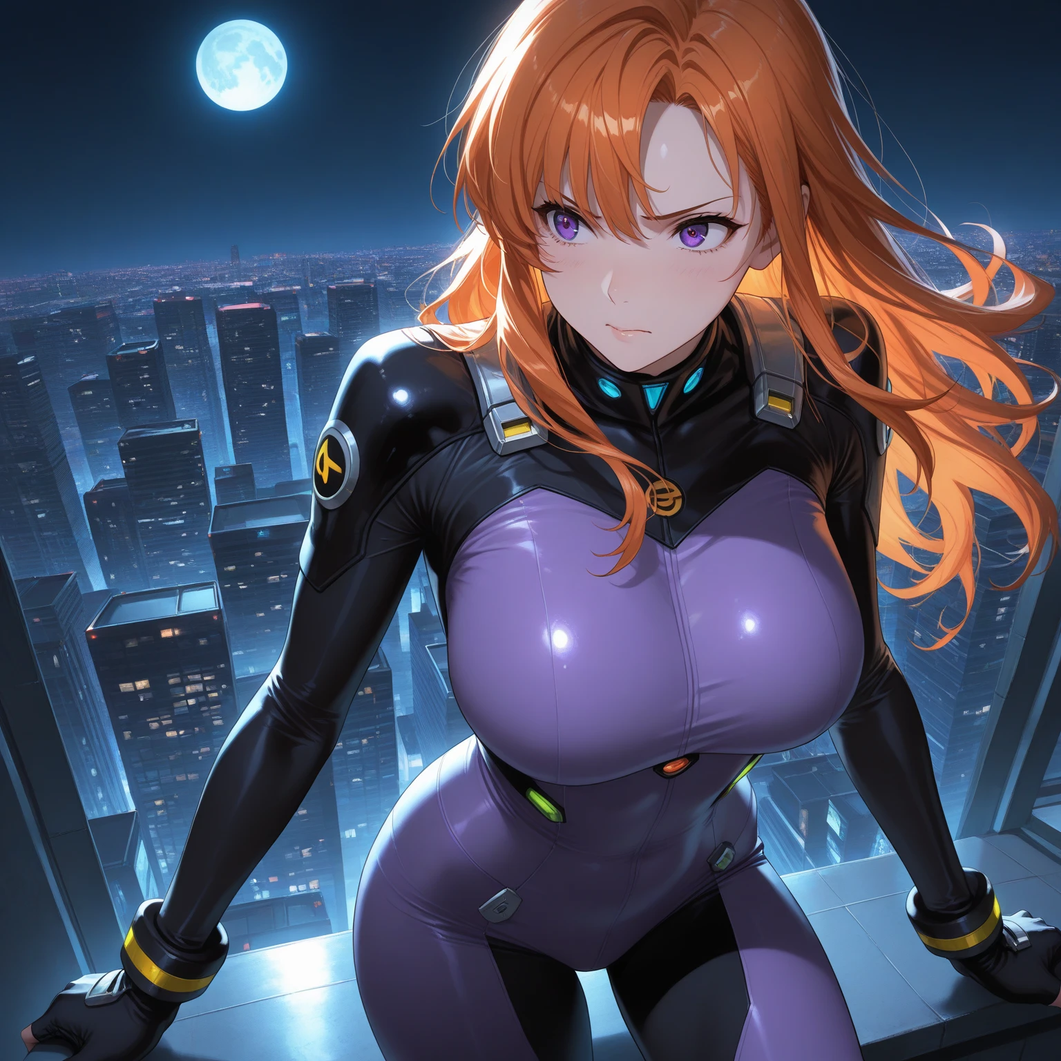 {1girl in},{{{{{masutepiece++, Best Quality++, Ultra-detailed+, 超A high resolution,(Photorealistic:1.4),Raw photo,(Nami)+,(Nami)+,(One Piece NAMI)+,(Onepiece),Orange hair, Girl in black latex full body suit,very aesthetic, Best Quality, absurderes, Brainwashed,}}}}}, ((purple glowing eyes 1.3)), (huge-breasted:1.2)deadpan, laboratory, Darkness Room, (Neon light:1.2), (Night:1.5), stand up and salute