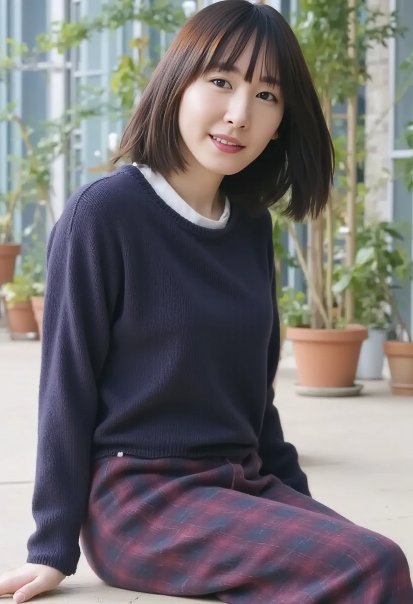 Big eyes、bobhair、femele、Light blue sweater and green skirt、Sitting on a park bench、a smile、F Cup Breasts、age 40s、Fukushima、Chromo-white skin