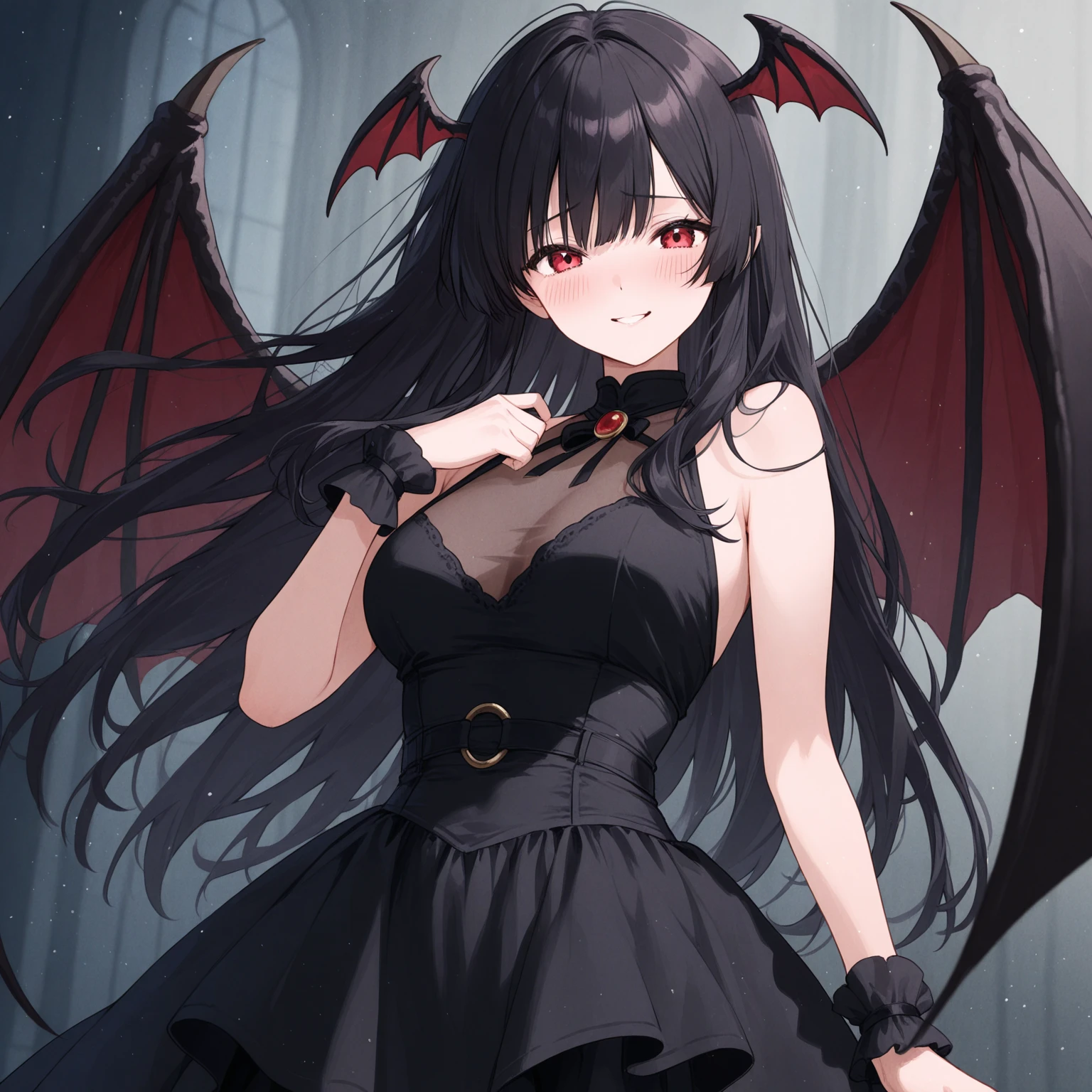 ((best quality)), ((masterpiece)), ((Super detailed)), (extremely delicate and beautiful),(best quality,high resolution,artistic:1.2),Super detailed,actual,4K resolution,comic style,Western elements,beautiful girl,loli,petite,vampire,一个vampire女孩站在月亮下,Child-like figure,A beautiful body,elegant black hair,long shiny hair,charming eyes,(beautiful red eye),Exquisite facial features,((非常Exquisite facial features)),clear facial features,skin glowing,Porcelain-like complexion,Bat wings grow on the back,((A mocking expression)),(Lovely),(angry expression),((black dress)),Gorgeous and cumbersome clothes,Behind him is the Blood Moon,Red Moon