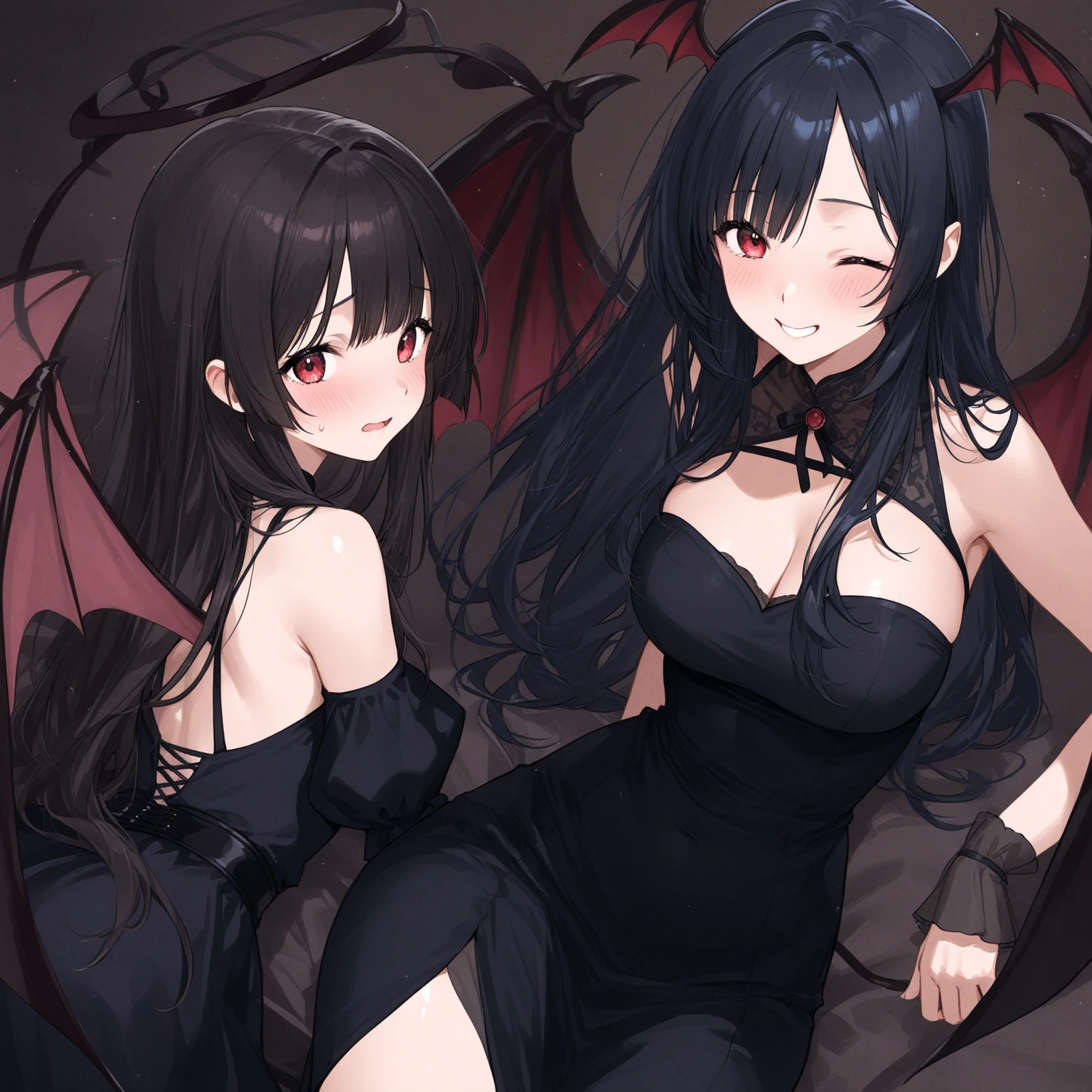 Black silk, naked, big breasts. Lie in bed, 2girls, succubus, demon horns, colored skin, red eyes, demon transformation, scaley shoulders