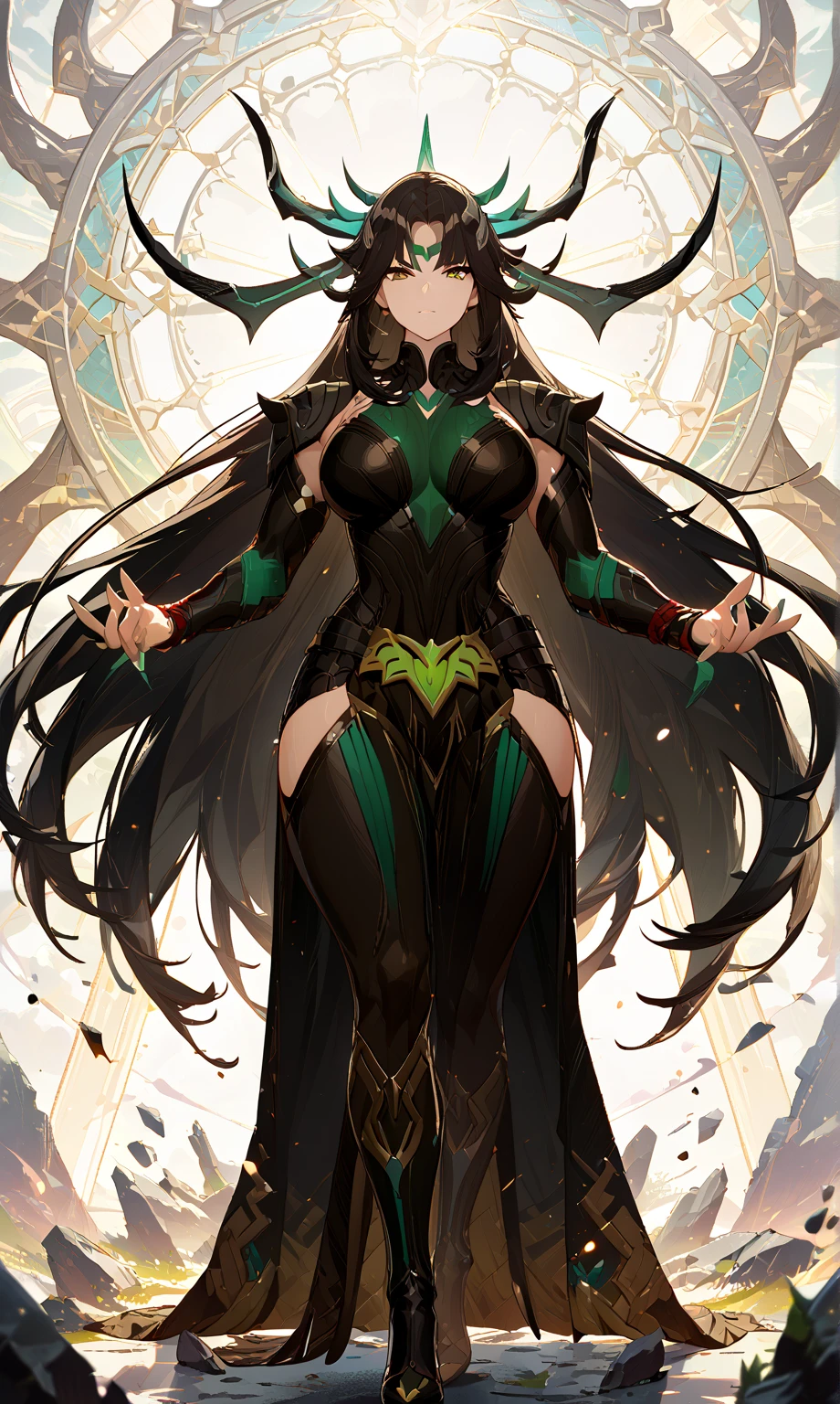 masterpiece, highest quality, (solo focus), (perfect face:1.1), (full body), (high detail:1.1), (hyper-detailed eyes), dramatic, a woman with pale skin and voluminous dark green-black hair, green eyes, solo, two-toned hair, arrogant expression, cybernetic outfit, art by artgerm, cinematic lighting, fashion, BalenciagaStyle