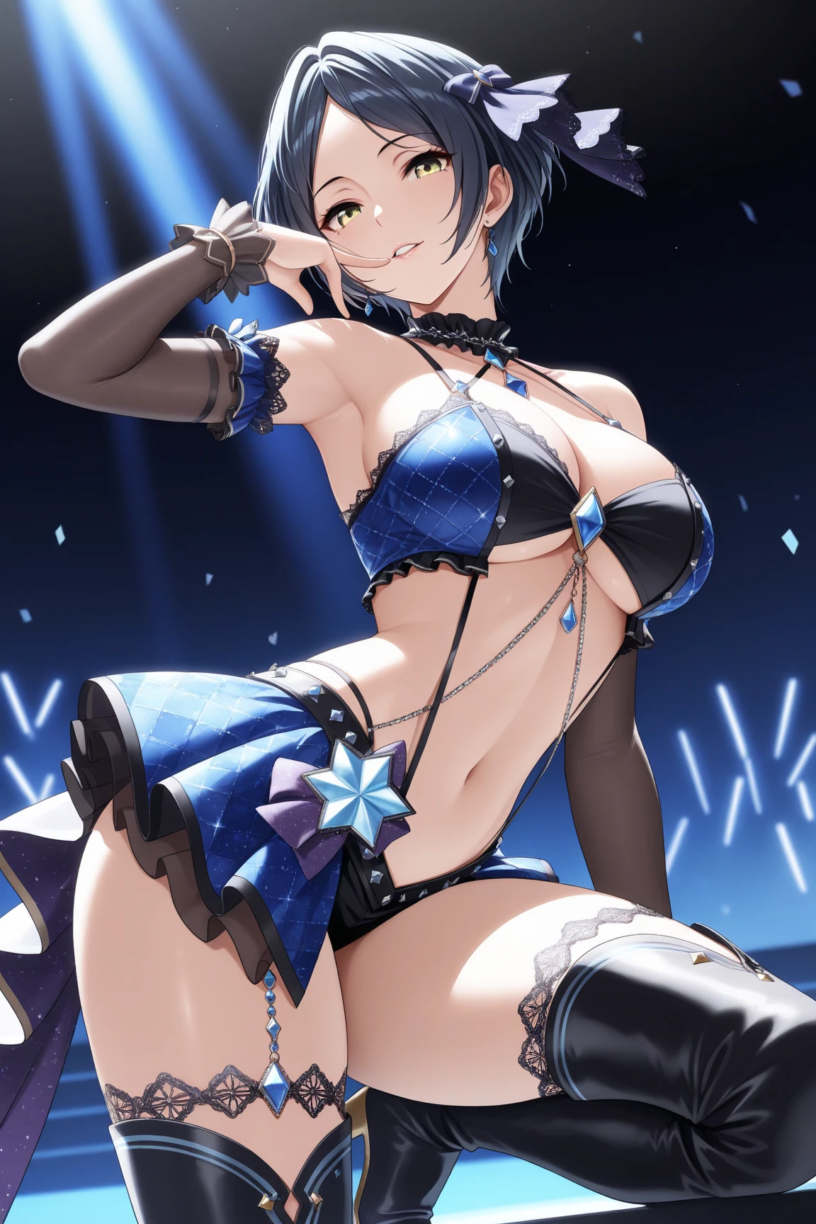 Office lady in sexy underwear、lob hair、White and cobalt blue sexy bra、Cobalt blue and white sexy panties with a knot at the waist