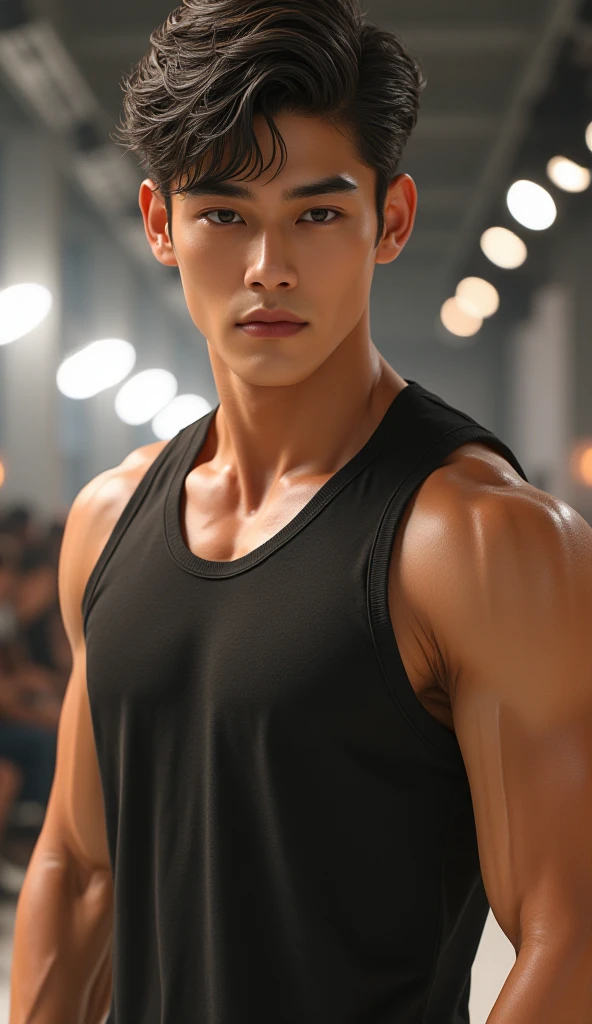 Baki hanma , 1boy, backlighting, black eyes, black hair, blue wristband, closed mouth, dougi, hair strand, hands up, light particles, looking at viewer, male focus, muscular, muscular male, pectorals, smile, solo, spiked hair, upper body, wristband, ((masterpiece))