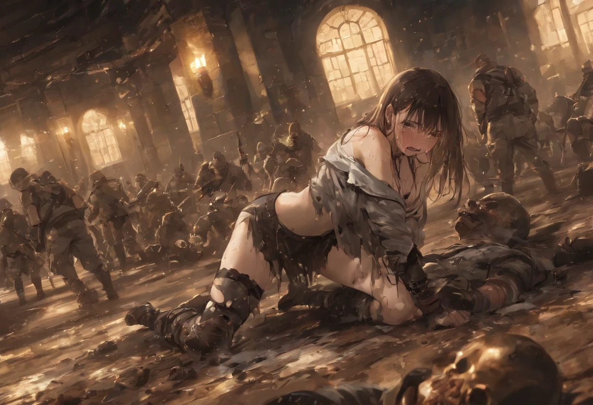 1girl,18yo,good anatomy, masterpiece, best quality,realistic, hyperrealistic, 16k hdr,(damaged body,sweat,beautiful face,mature female,muscular paladin,torn costume,arm guard,leg guard,shoulder armor,metal collar:1.2),(red blush,angry,crying,all fours,top down bottom up:1.2),fantasy world,outdoor,village,blue sky,(surrounded many Heinous estrus goblins,torning her costume:1.4),