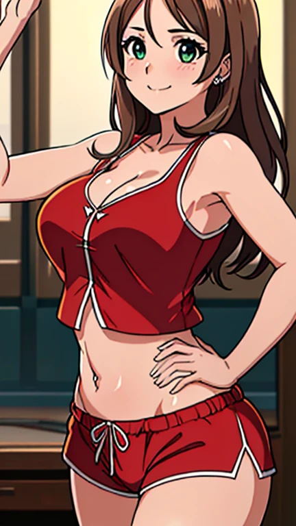 (Best Quality, 8k, 32k,1 Girl, Gigantic Breasts, Thick Thighs, Super Wide Hips, Huge Ass, Perfect Body, Ultra Detailed Face, Brown Hair, Red and Black Panties, Lace Panties.