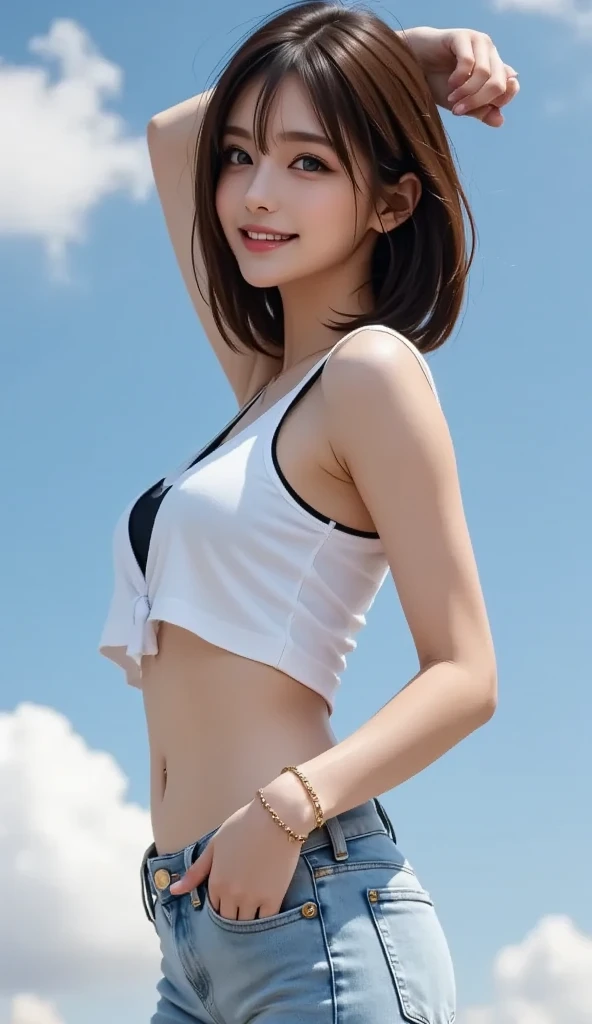 close-up of beautiful korean female, 34 inch breasts size, wearing tank top, shorts, kneeling down at the riverside, sunset light, bokeh background, UHD