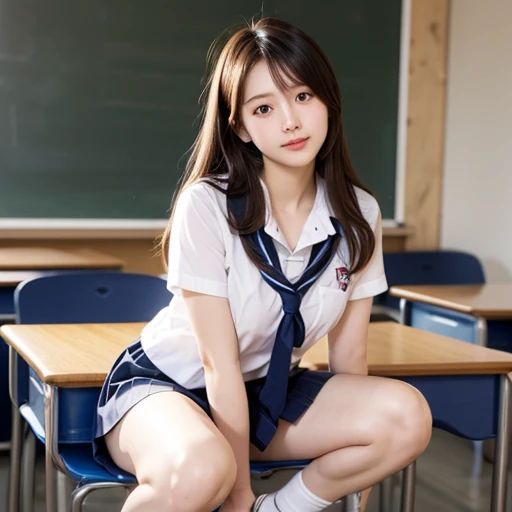 ((masterpiece)),((best quality)), absurdres,, 1girl, squatting , pov, school uniform, exposed panties, , (classroom:1.1), sunlight, ,  (half-closed eyes:0.4), (parted lips:1.4), (nose blush:1.2), light smile, (nervous),