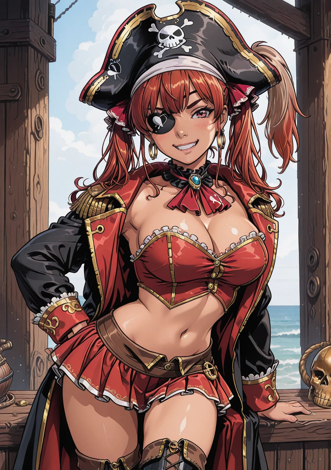 1girl,on a ship deck, blue_eyes, braid, breasts, cleavage, gloves, gun, hat, holding, holding_weapon, large_breasts, long_hair, looking_at_viewer, low-tied_long_hair, over_shoulder, pirate, pirate_hat, red_hair, solo, sword, weapon, weapon_over_shoulder