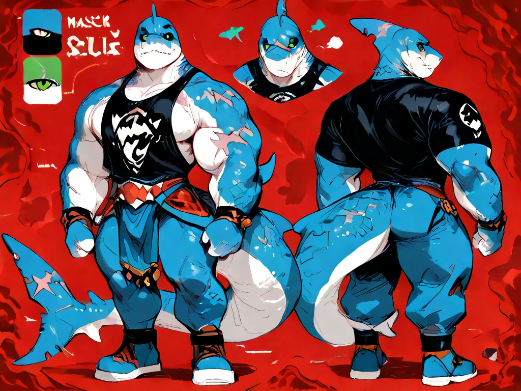 bright red skinned bara shark, very plump butt, strong physique scarlet samurai hair in ponytail, cyan colored eyes, black sclera, very muscular, perfect anatomy, masterpiece, beard, strong jaw, giant biceps, shark tail, solo, on bed, back side view, presenting butt, showing butt, glutes, great lighting, full body shot, character design, great character design, tattoos, smug expression, suggestive pose, by meesh, by SligarTheTiger, by negnegger