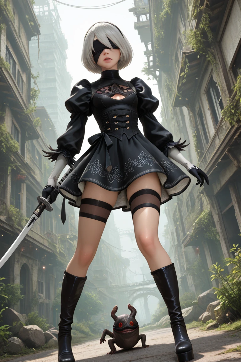 (photorealistic:1.8, highest quality:1.8,8K masterpiece:1.8,High resolution,muste piece:1.8),fantasy,(NieR:Automata,2B:1.9),(black blindfold:1.5),(black hair band,choker,White High Leg,thigh high boots,Blake Black Skirt,black thigh high socks,Knee-high boots,Cleavage cut,cutting of clothes,high heels,long sleeve),(looking at the camera:1.2),(Photo seen from below:1.3),(bob cut,beautiful shining silver hair:1.5), (large breasts:1.3),Pause(Seductive pose:1.5),background(snow scene:1.5,snow mountain:1.3,mountainous area),(detailed perfect face),normal hands:1.5,normal finger:1:5,normal feet:1.5,(cameltoe)