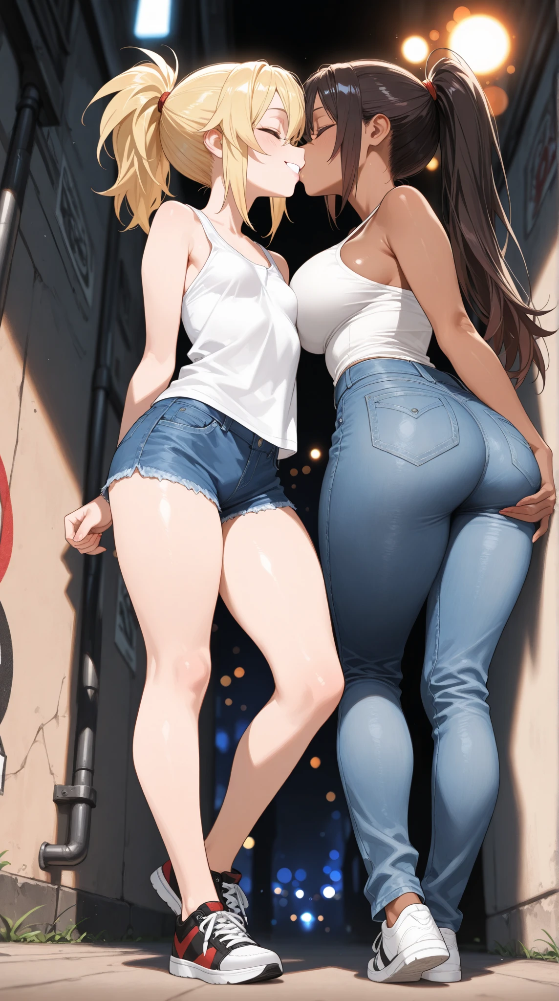Super detailed、Highest quality、Best image quality、masterpiece、8K、(shoulder-length blonde hair、Medium Long Hair)、(laugh:1.3) 、(cheerful)、(tareme)、(big eyes)、(Beautiful shining eyes)、(High Detail Anime Eyes)、(puffy eyes)、(Big Tits:1.5、topless:1.3)、((SFW Huge Body))、(((Rear View)))、Cowboy Shot、(Thong、カルバンクラインThong、ckundies)、(Two women stand side by side with their butts facing the viewer.:1.5)、(Beautiful ass)