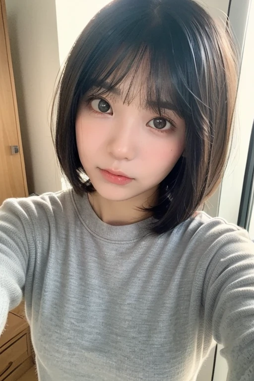 ((top-quality、8K、​masterpiece:1.3))、Beautuful Women、1girl in、(cute little)、Slender Abs:1.1、(random color dress)、((short-hair))、hyperdetailed face、very detailed lips、A detailed eye、二重まぶた、(well-groomed bangs.1.3)、dark brown  hair、big eye、enticing lips、The corners of the mouth rise、Black eye、(Night Party)、cute littleワンアジア人の顔, beautiful chinese girl face, with short hair with bangs, white hime cut hairstyle、Slender eyes、17-year-old beautiful girl
