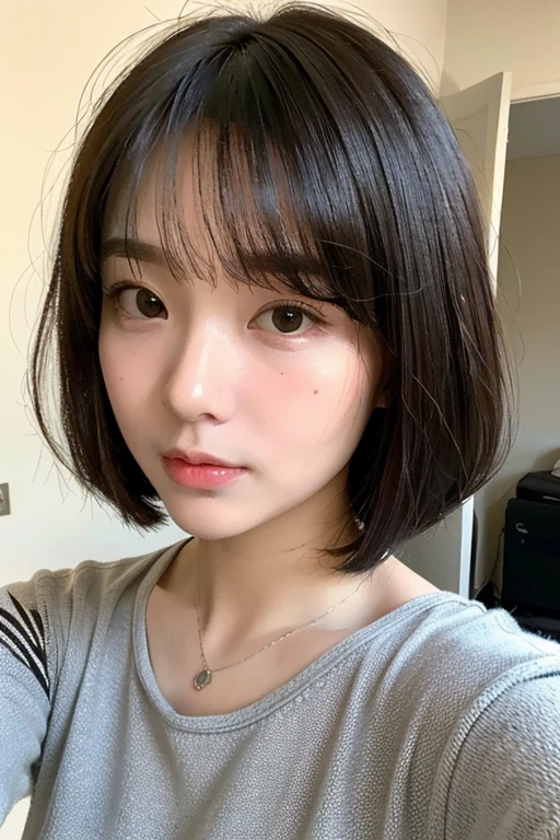 beige long sleeve dress、Fashionable dresses、table top、(背景にwhite wall、Part of the hair is light gray:1.4)、white wall、Taken in front of the white door、(窓のあるwhite wallの部屋)、((highest quality、8K、masterpiece:1.3))、ultra high resolution、(photogenuineistic:1.4)、RAW photo、Japanese,(face)、genuine、Photographed in natural light、Highly detailed face and skin texture、highly detailed lips、correct state of the human body、bob cut、bob hair、short hair、black hair、various poses、natural color lip