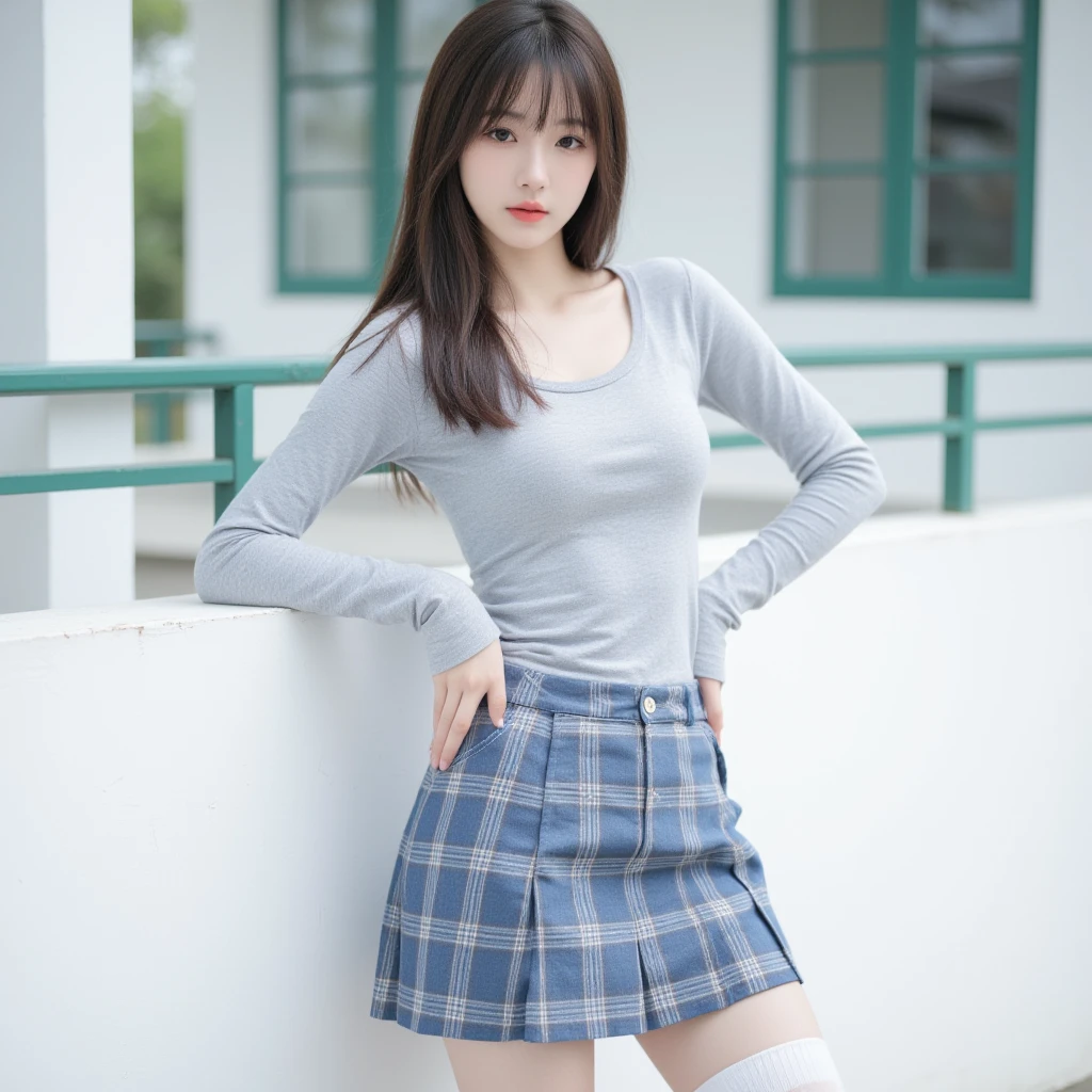 (Best quality, masterpiece, detailed), (RAW, 4k, hd images), 1 girl, collage girl, white skin, long hair, random style hair, layers hair, bangs hair, beautiful girl, cute girl, sweet girl, pretty girl, perfect girl, perfect body, pretty eyes, blue eyes, thin lips, (eye line, lip soft),huge, huge breasts, saggy breasts, outdoors, smile, thigh, legs, childish clothes, skirt, random shoes, pantyhose, sexy, standing, photo on middle fancing camera, full body,